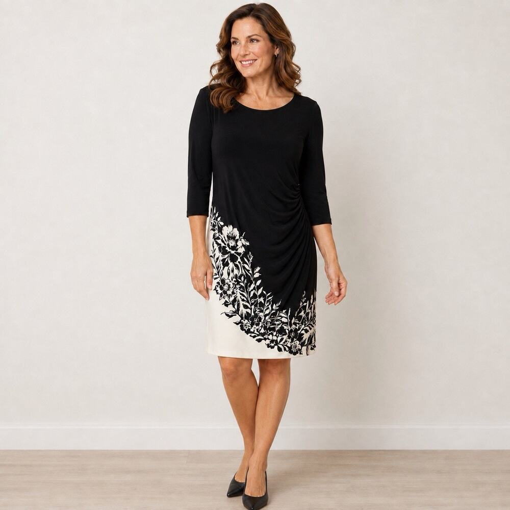 Lauren Ralph Lauren Dress 16W Black Ivory Floral Ruched Slimming Knee Length